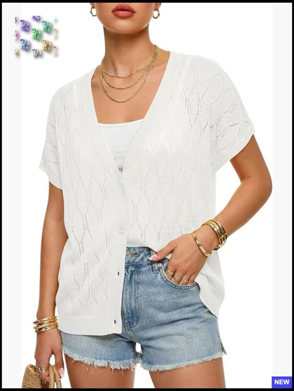 Crochet Cardigan Oversized Short Sleeve Knit Button Front Lightweight Beach